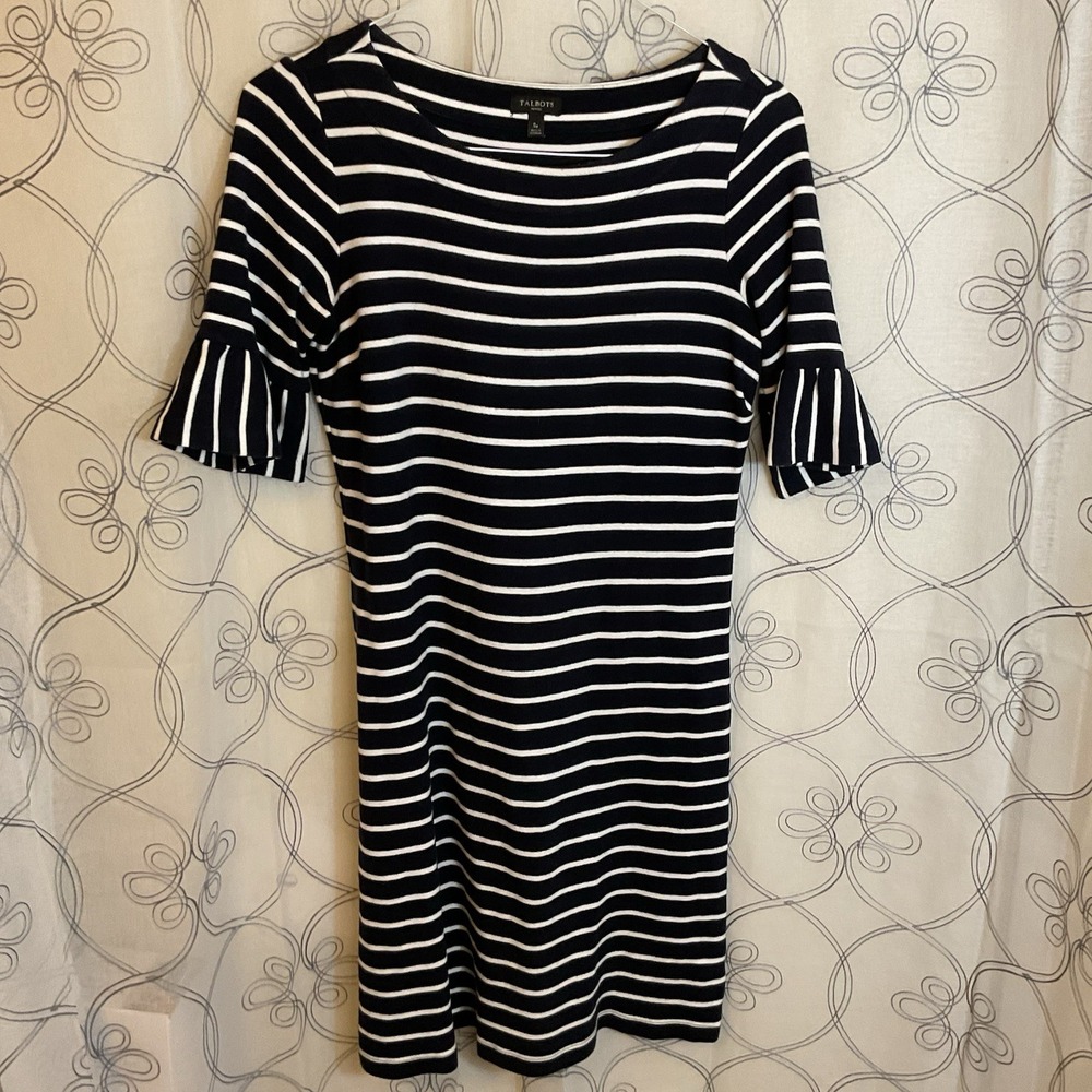 Talbots Women's Navy Blue & White Striped‎ Dress Ruffle Sleeves Size SP